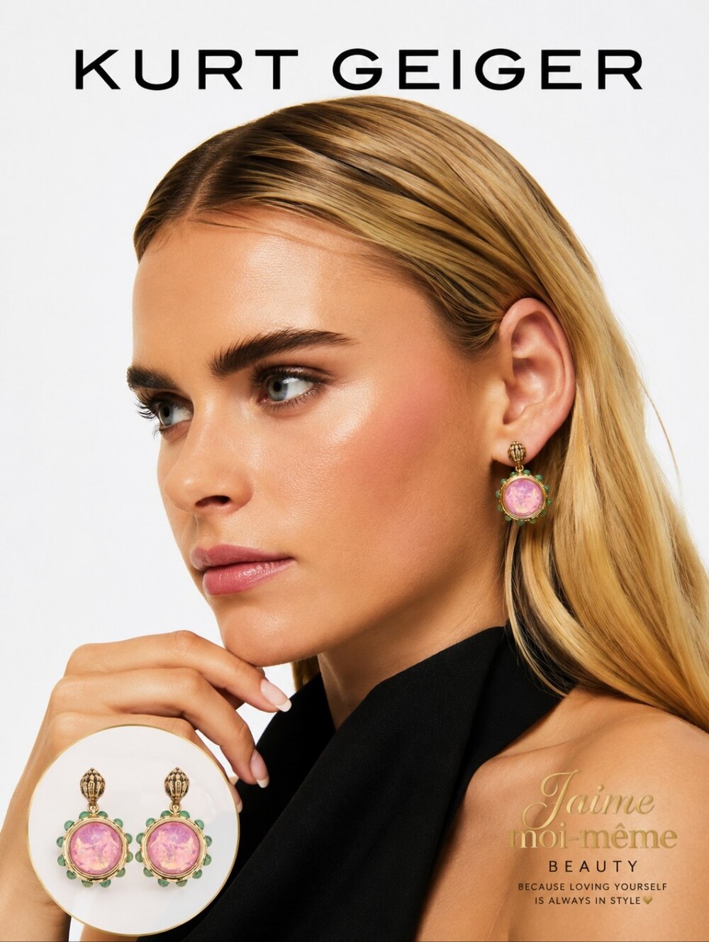 Kurt Geiger Pink Galaxy Opal Cabachon Statement Drop Earrings Green Accents